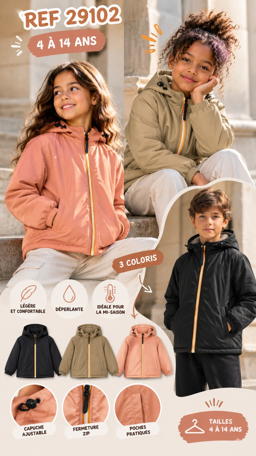Veste enfant à capuche : découvrez la nouveauté Free Star réf. 29102, disponible en 3 coloris
