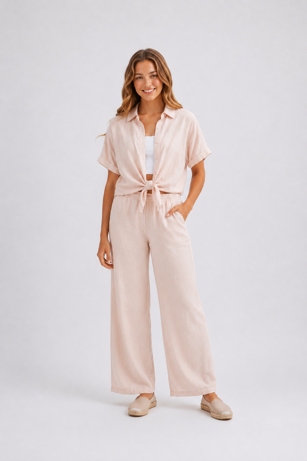 Ensemble fille 2 pièces avec chemise nouée et pantalon fluide– Lot de 12 Pièces (Tailles 4 à 14 ans) - 91011M