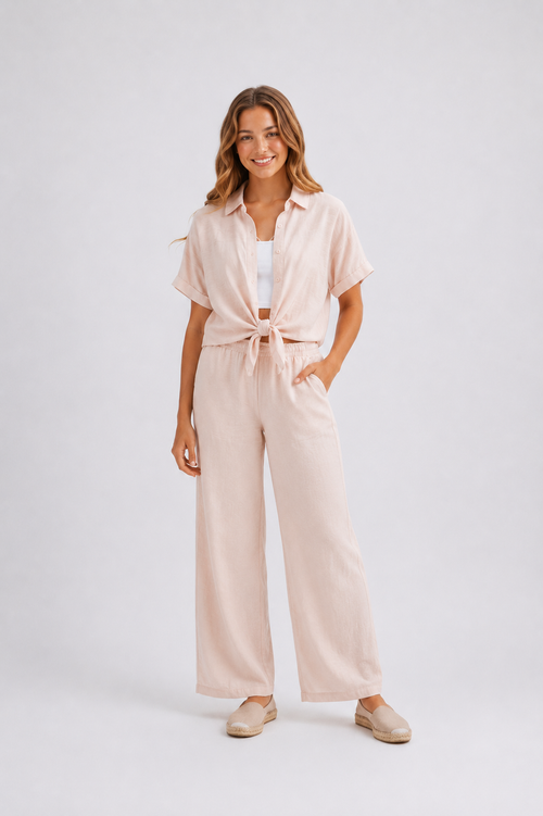 Ensemble fille 2 pièces avec chemise nouée et pantalon fluide– Lot de 12 Pièces (Tailles 4 à 14 ans) - 91011M