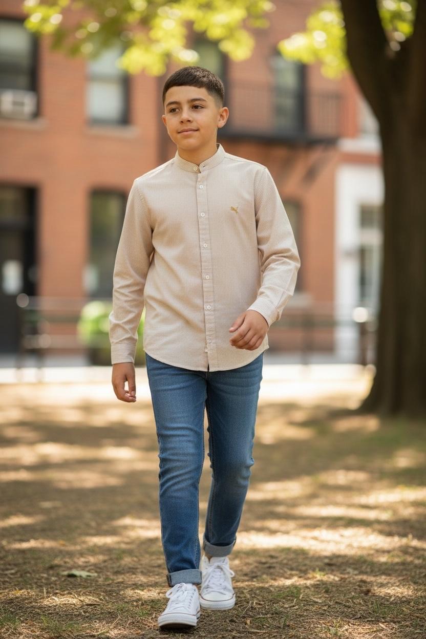 Chemise garçon manches longues à rayures avec col officier – Lot de 6 Pièces (Tailles 4 à 14 ans)