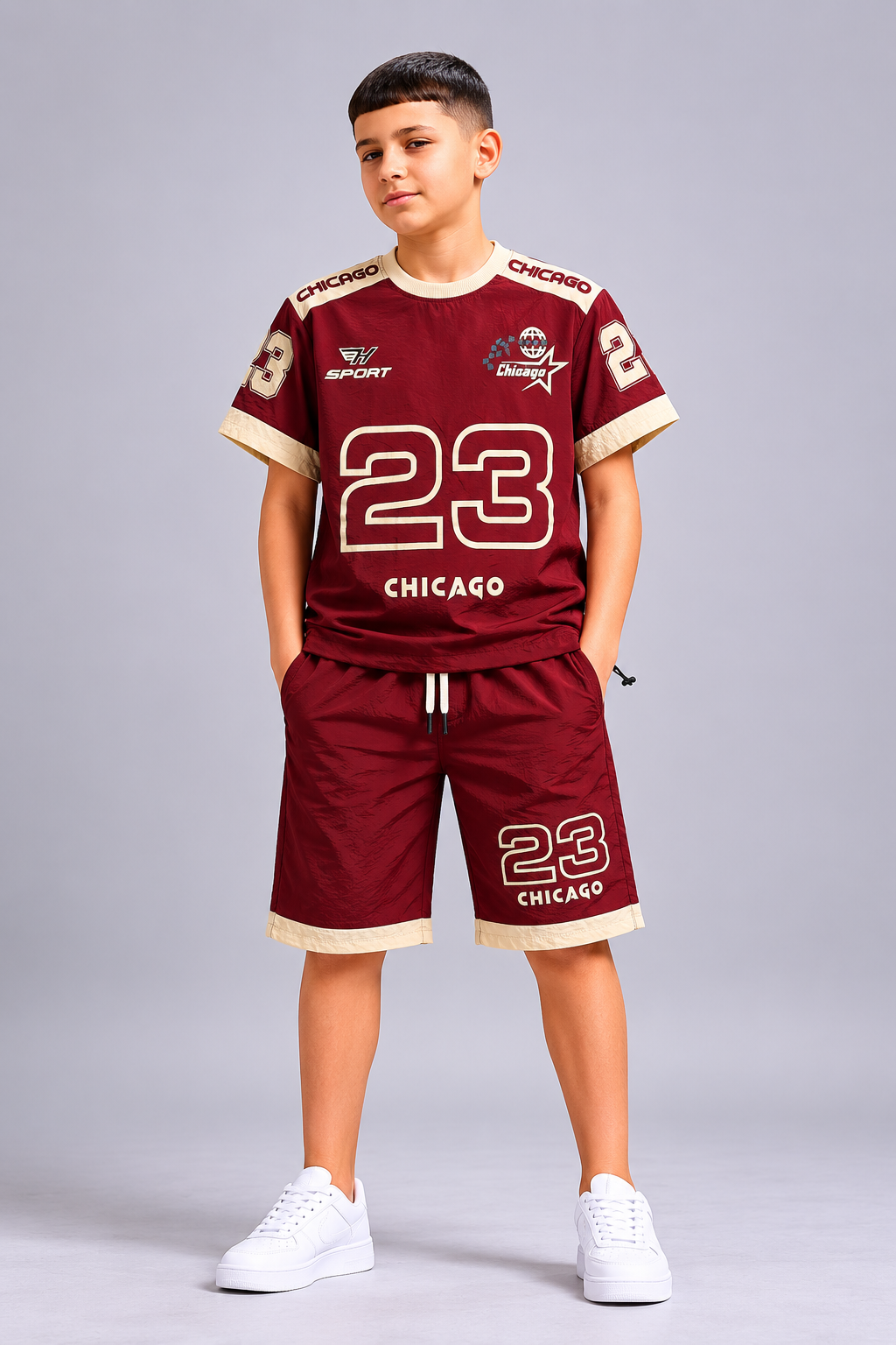 Ensemble garçon t-shirt imprimé Chicago 23 et short assorti –  Lot de 12 Pièces (Tailles 6 à 14 ans) - 60021M