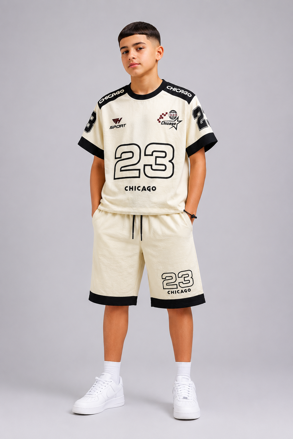 Ensemble garçon t-shirt imprimé Chicago 23 et short assorti –  Lot de 12 Pièces (Tailles 6 à 14 ans) - 60021M
