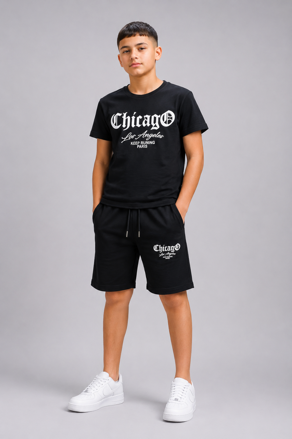 Ensemble Enfant Garçon T-shirt Imprimé Chicago & Short Assorti – Style Casual – Lot de 6 Pièces (Tailles 4 à 14 ans) - Réf : 50023M