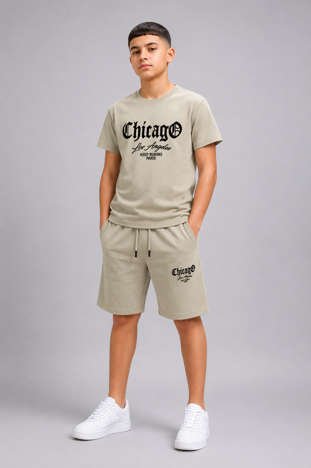 Ensemble Enfant Garçon T-shirt Imprimé Chicago & Short Assorti – Style Casual – Lot de 6 Pièces (Tailles 4 à 14 ans) - Réf : 50023M