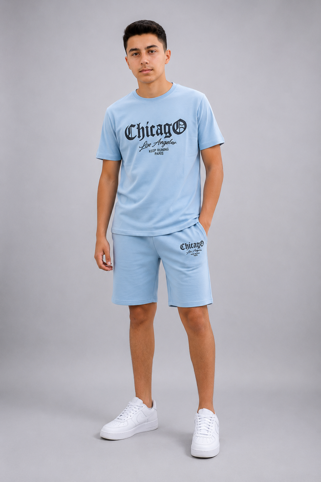 Ensemble Enfant Garçon T-shirt Imprimé Chicago & Short Assorti – Style Casual – Lot de 6 Pièces (Tailles 4 à 14 ans) - Réf : 50023M