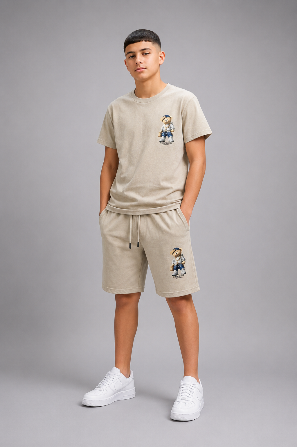 Ensemble Enfant Garçon T-shirt Imprimé Ourson & Short Streetwear – Lot de 6 Pièces (Tailles 4 à 14 ans) - Réf : 50027M