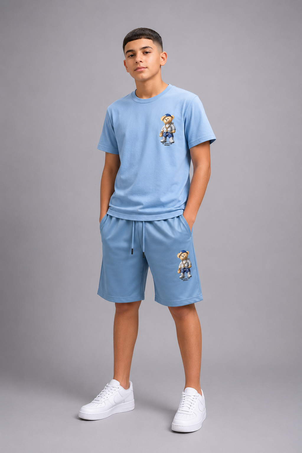 Ensemble Enfant Garçon T-shirt Imprimé Ourson & Short Streetwear – Lot de 6 Pièces (Tailles 4 à 14 ans) - Réf : 50027M