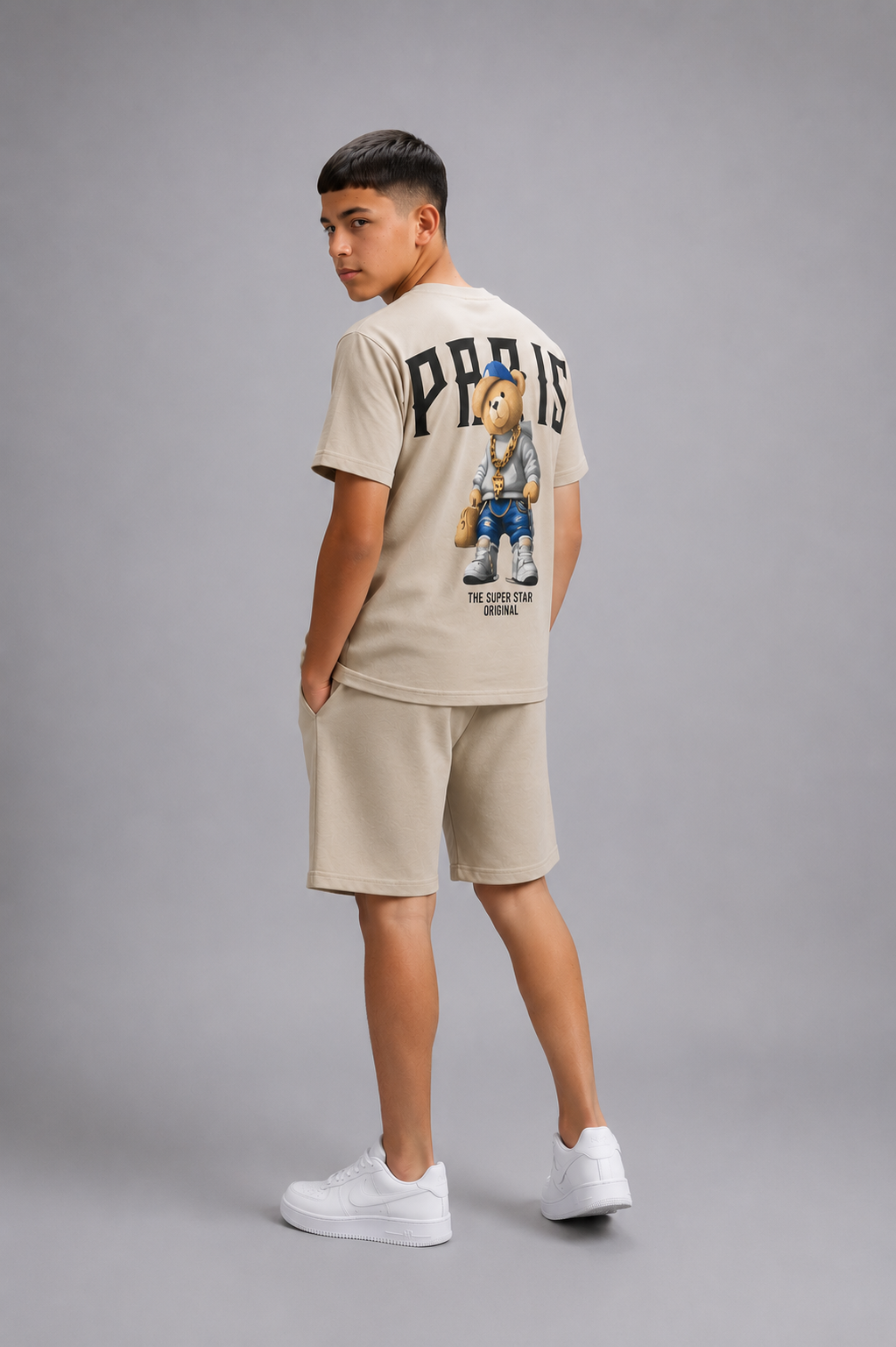 Ensemble Enfant Garçon T-shirt Imprimé Ourson Dos & Short Assorti – Style Streetwear – Lot de 6 Pièces (Tailles 4 à 14 ans) - Réf : 50026M