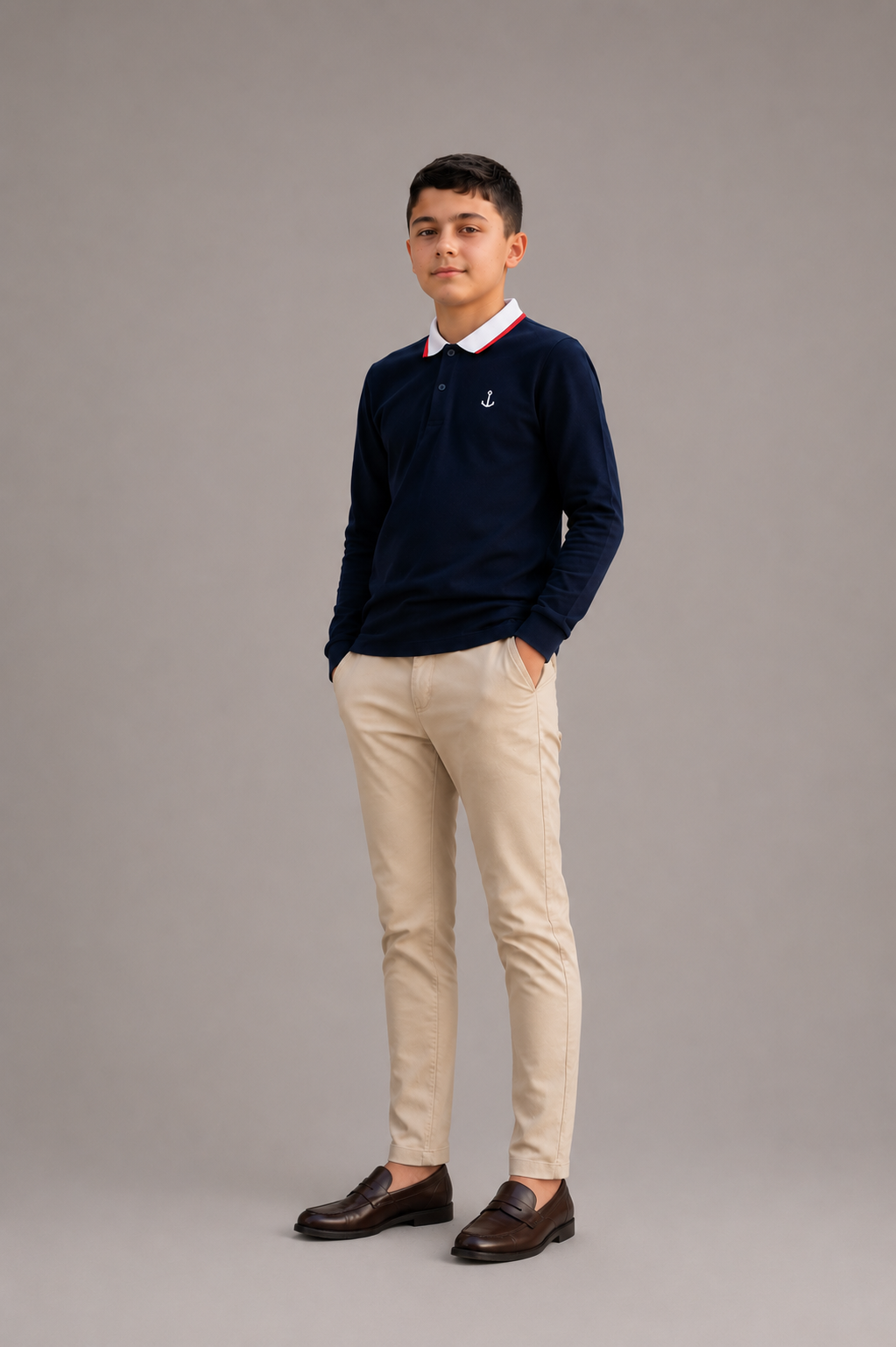 Polo garçon manches longues avec col contrasté et logo poitrine – Lot de 12 Pièces (Tailles 4 à 14 ans) - 90088M