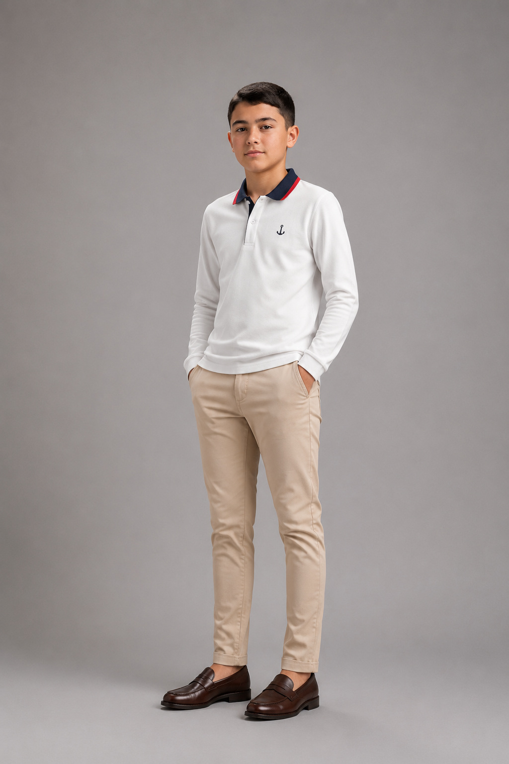 Polo garçon manches longues avec col contrasté et logo poitrine – Lot de 12 Pièces (Tailles 4 à 14 ans) - 90088M