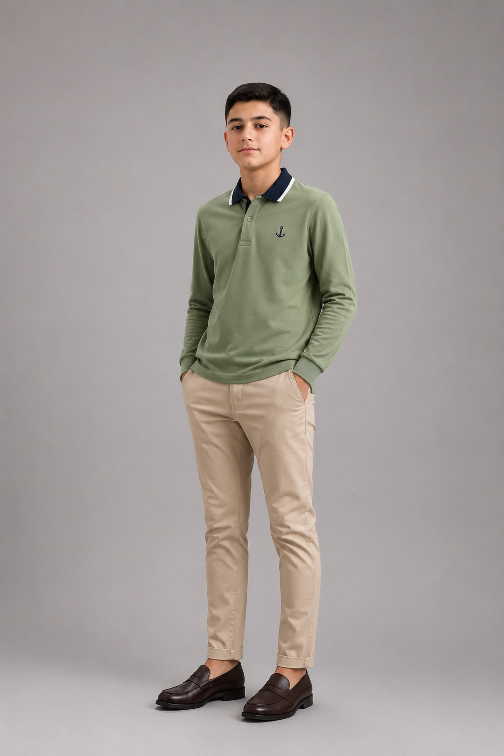 Polo garçon manches longues avec col contrasté et logo poitrine – Lot de 12 Pièces (Tailles 4 à 14 ans) - 90088M