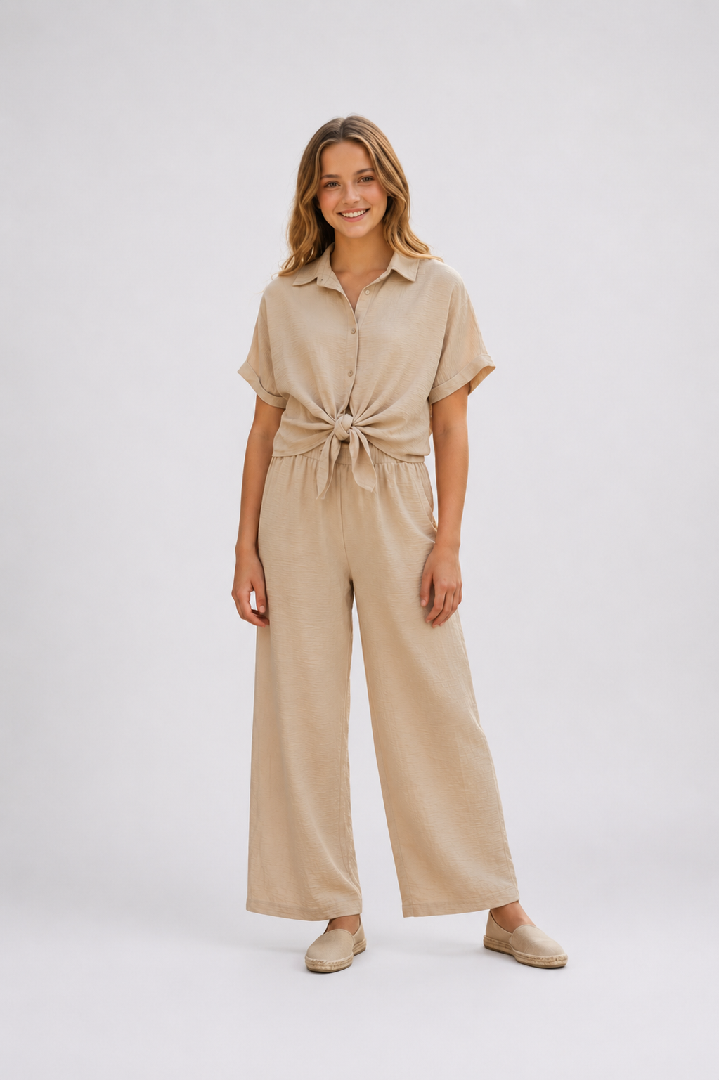 Ensemble fille 2 pièces avec chemise nouée et pantalon fluide– Lot de 12 Pièces (Tailles 4 à 14 ans) - 91011M